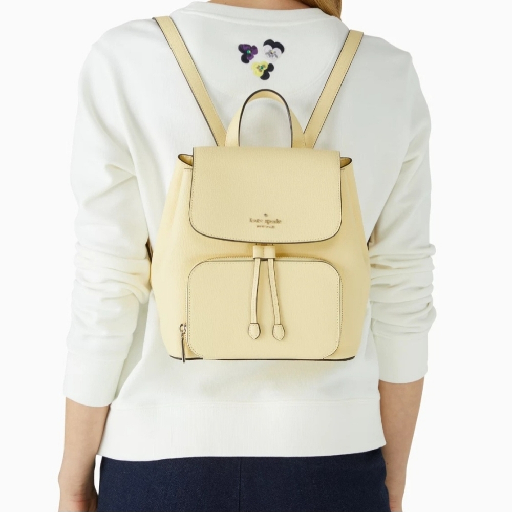 Kate Spade Flap Backpack M Butter Yellow Grain Leather Kristi Preppy Pastel Logo